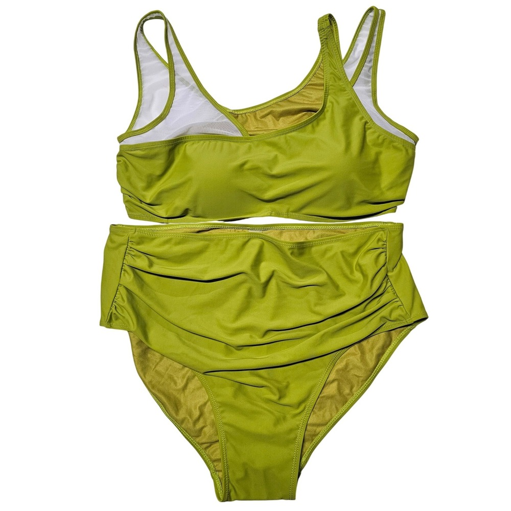 Nicole Miller New York Womens High Waisted Ruched Bikini‎ Set Lime Green 1X NEW